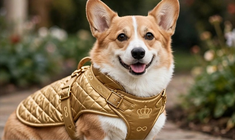 Mia modeling the Royal Gold Harness Coat design concept