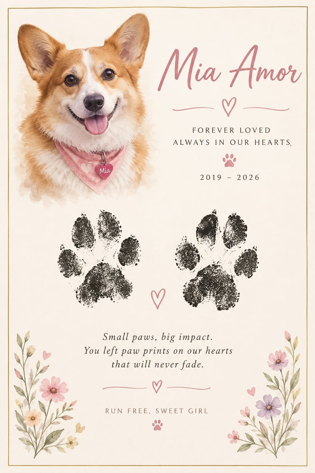 Mia Amor memorial poster with paw prints