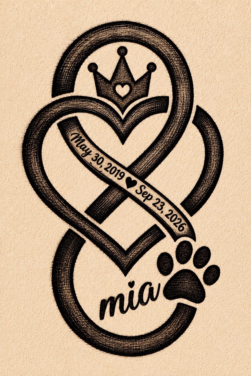 Memorial tattoo artwork — crown, heart, infinity loop and paw print with Mia's dates
